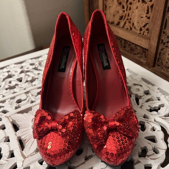 Funtasma Ruby Shoes Slippers Size 12 Red Sequin Bow Costume Heels - Picture 2 of 5